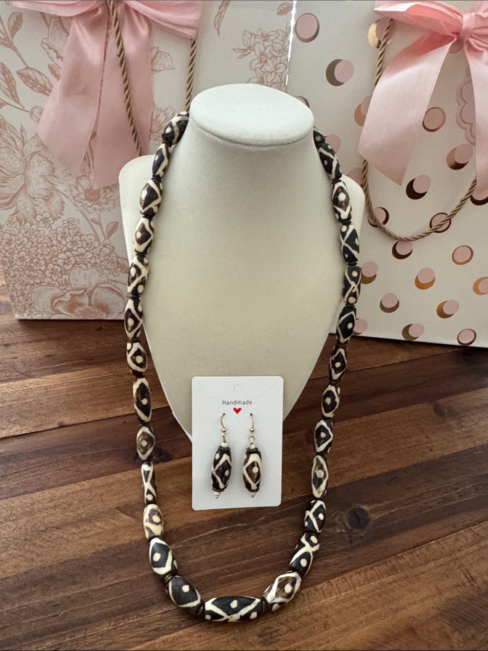 Vintage Brown and Cream Tribal Bead Necklace with Matching Earrings-
